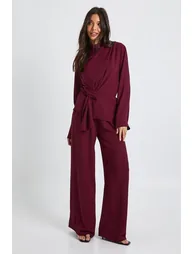 Woven Drape Long Sleeve Blouse & Trouser Co-Ord - burgundy - 2