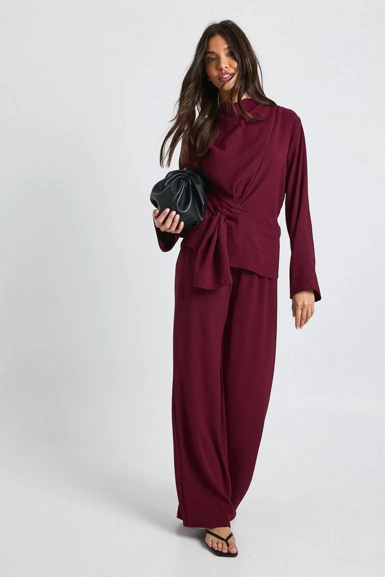 Woven Drape Long Sleeve Blouse & Trouser Co-Ord - burgundy