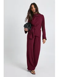 Woven Drape Long Sleeve Blouse & Trouser Co-Ord - burgundy