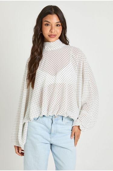 Polka Dot High Neck Elasticated Waist Batwing Top - white
