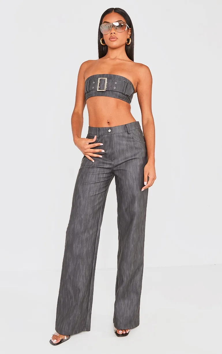Black Washed Faux Leather Belted Straight Leg Trousers