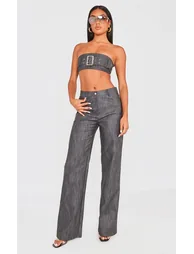 Black Washed Faux Leather Belted Straight Leg Trousers