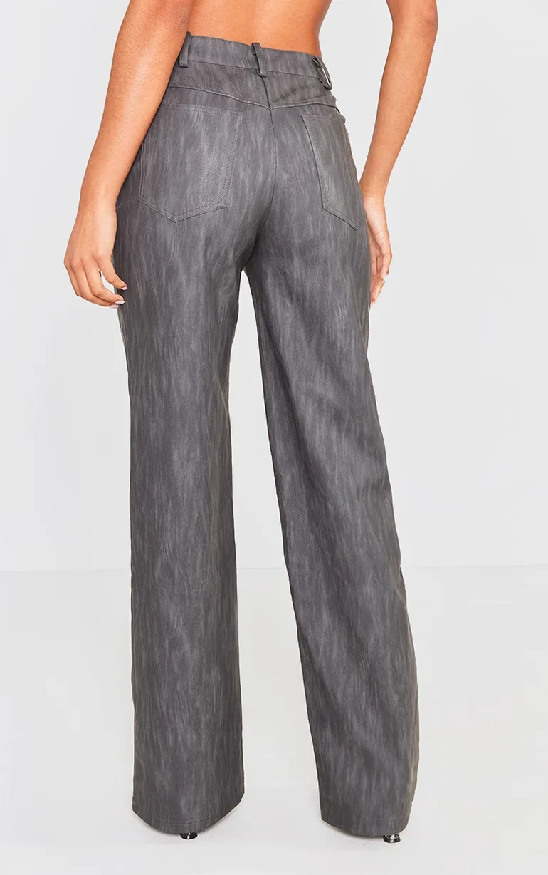 Black Washed Faux Leather Belted Straight Leg Trousers - 2