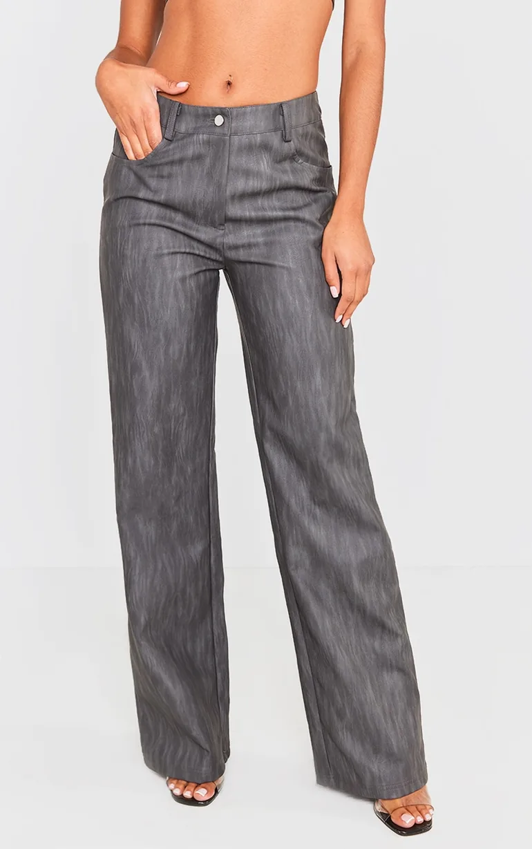 Black Washed Faux Leather Belted Straight Leg Trousers - 1