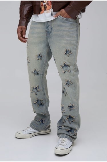 Slim Flared Star Applique Bleach Washed Jeans - bleach wash