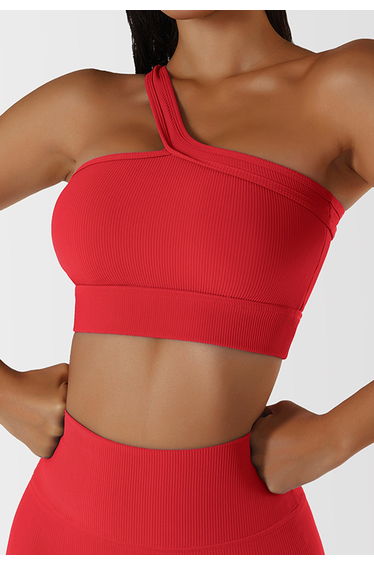 Slanted Halter Neck Ribbed Sports Bra in Red