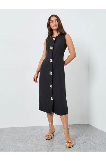 Women Black Sleeveless Shift Midi Dress