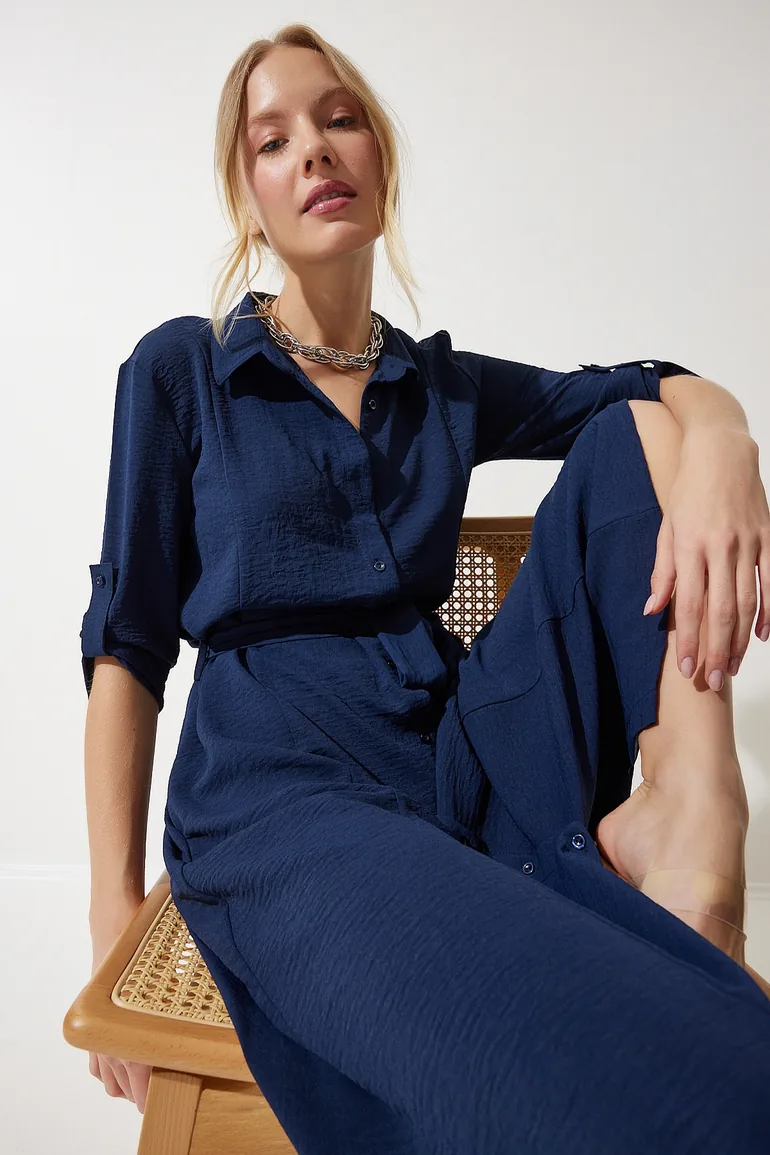 Shop Women's Navy Blue Belted Shirt Dress Online in Oman Shop Women's Navy Blue Belted Shirt Dress Online in Oman