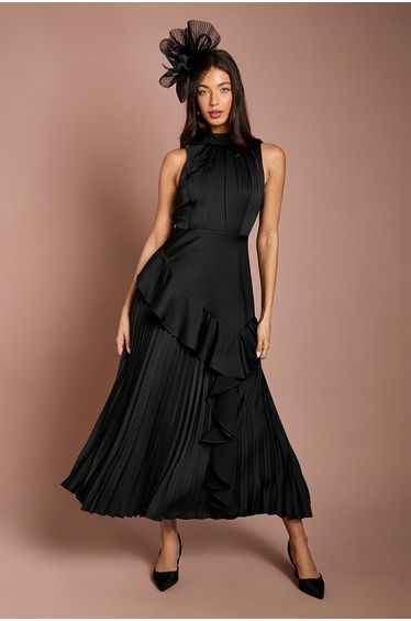 Sleeveless Ruffle Pleat Satin Back Crepe Dress