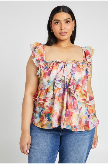 Plus Tie Front Ruffle Cami Top - pink