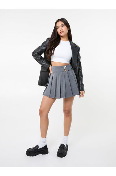 Tailored Belted Pleat Mini Skirt
