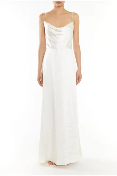Vivian White Cowl-Neck Bias Cut Maxi-Dress