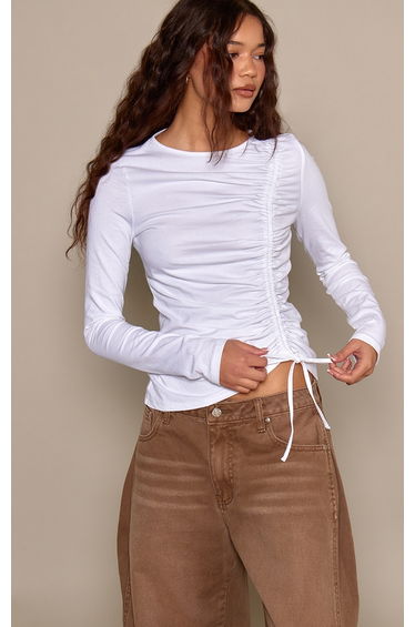 White Cotton Ruching Detail Long Sleeve T-Shirt