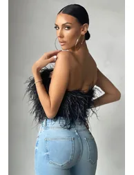 Black Feather Bandeau Crop Top - 2