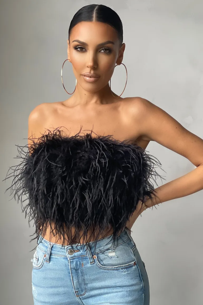 Black Feather Bandeau Crop Top