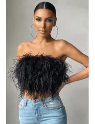 Black Feather Bandeau Crop Top