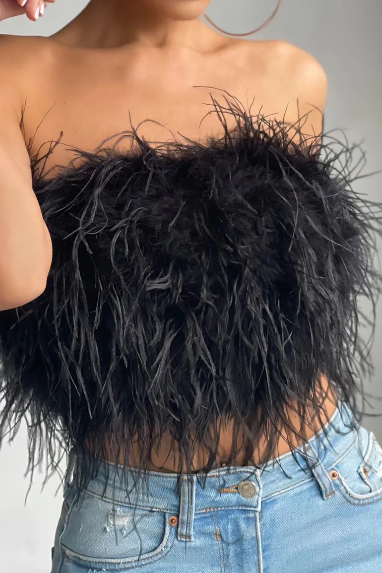 Black Feather Bandeau Crop Top - 1