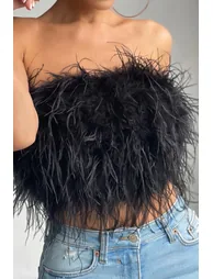 Black Feather Bandeau Crop Top - 1