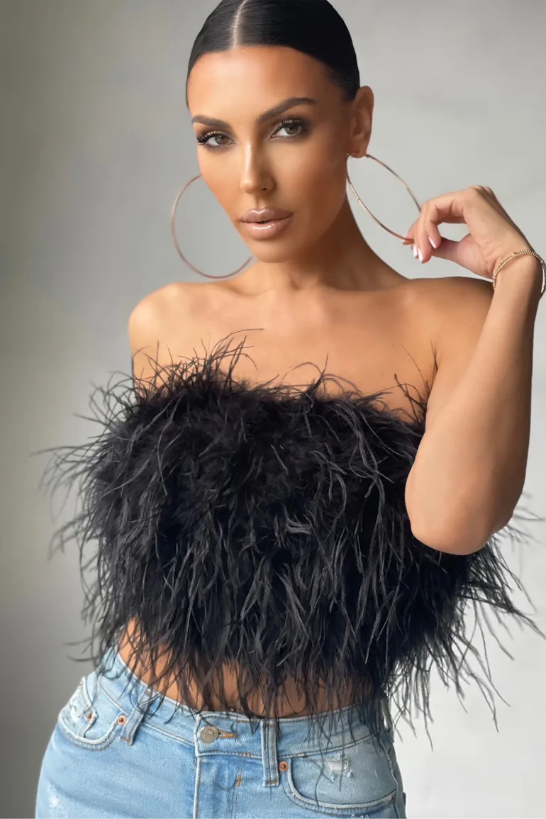 Black Feather Bandeau Crop Top - 3