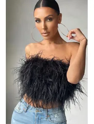 Black Feather Bandeau Crop Top - 3