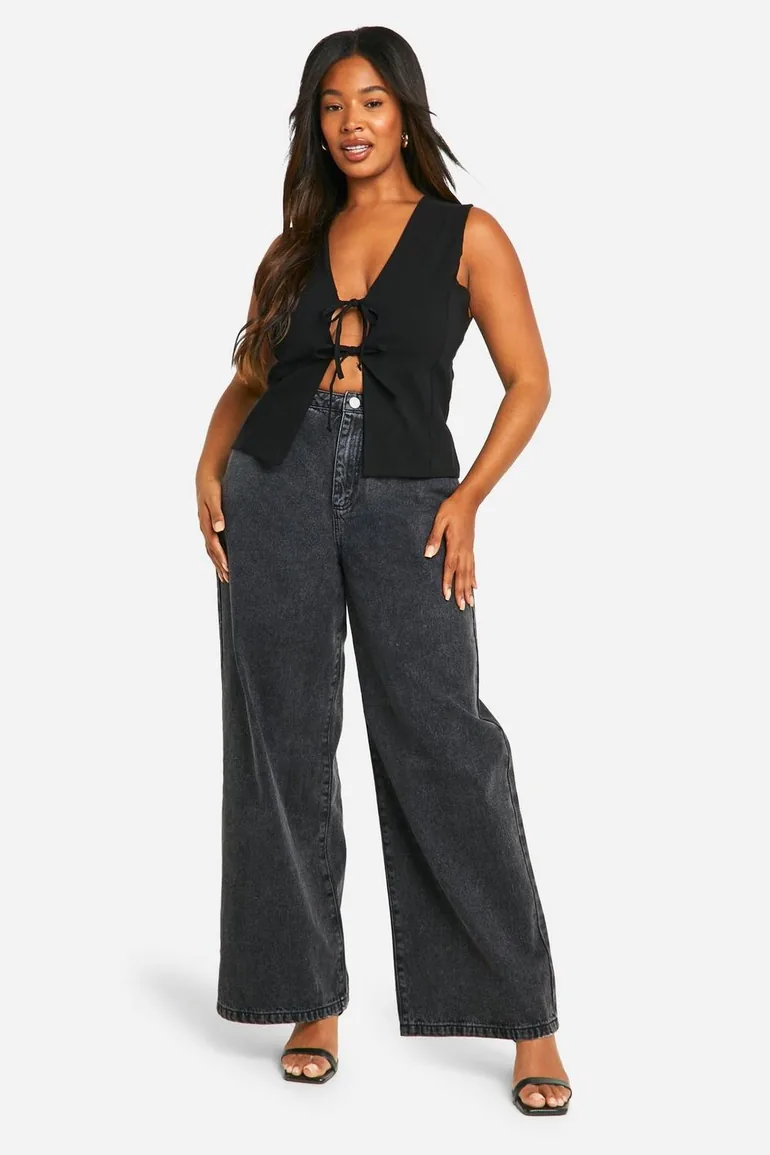 Plus Woven Stretch Tie Detail Top - black