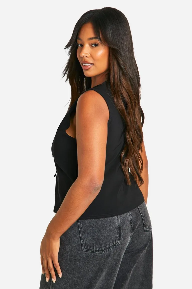 Plus Woven Stretch Tie Detail Top - black - 2