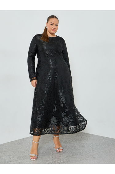 Plus Size Lace Long Sleeves A-Line Maxi Dress
