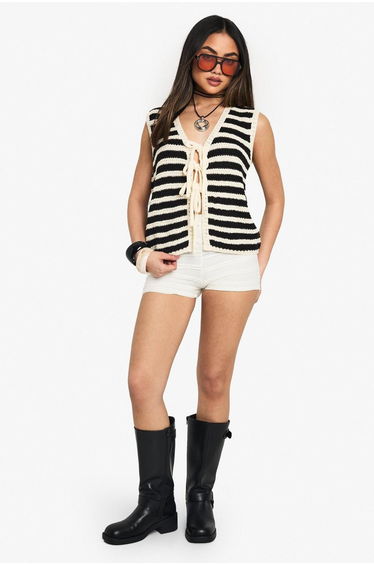 Stripe Tie Detail Waistcoat - black