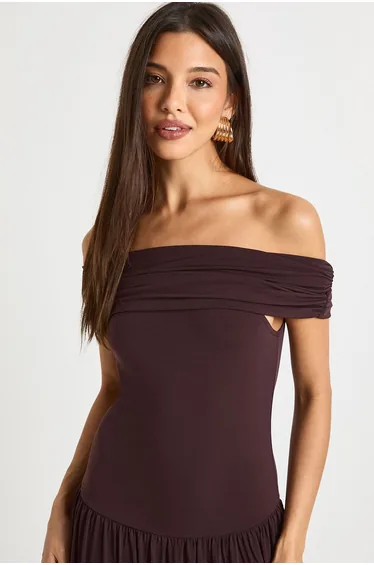 فستان ماكسي بخصر منسدل بأكتاف مكشوفة - أرجواني