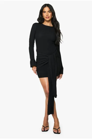 Textured Wrap Detail Flared Sleeve Mini Dress - black
