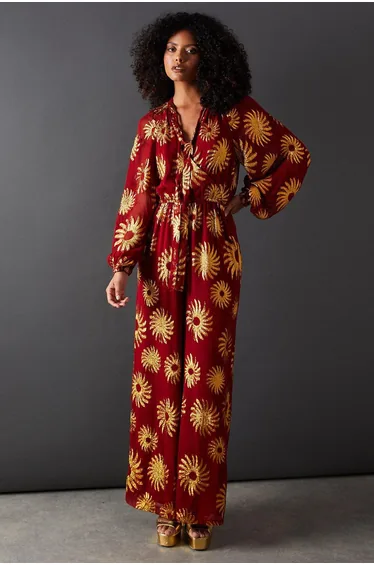 Sun Metallic Jacquard Tie Neck Jumpsuit