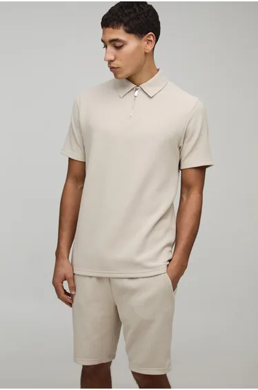 Slim Fit Ribbed Jersey Polo & Shorts Set - stone