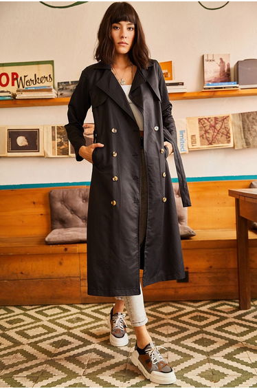 Women's Black Unlined Trench Coat with Pocket