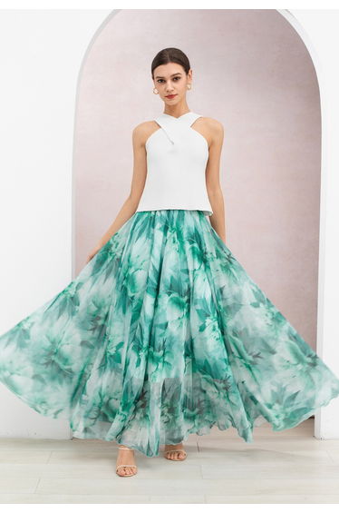 Halcyon Peony Watercolor Chiffon Maxi Skirt for Art Gallery Openings & Garden Weddings