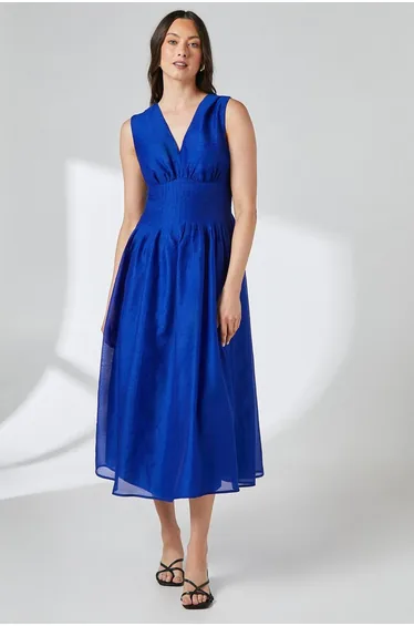 Pleat Detail V Neck Organza Midi Dress