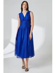 Pleat Detail V Neck Organza Midi Dress