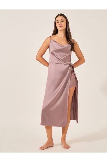 Solid Cowl Neck Satin Midi Slip Dress with Lace Detail