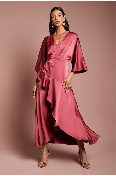 Satin Back Crepe Ruffle Wrap Midi Dress