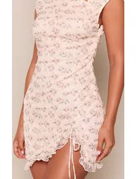 Petite Cream Floral Tie Detail Cap Sleeve Lace Overlay Mini Dress - 3