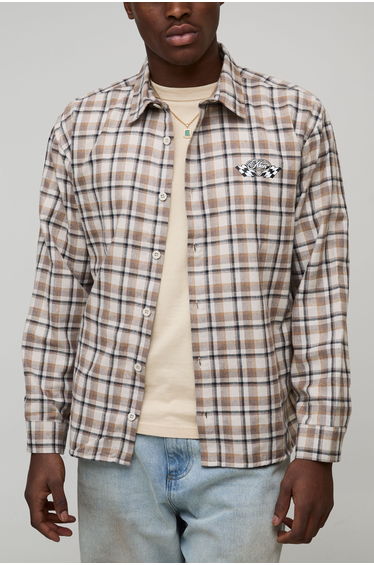 Oversized Moto Print Checked Long Sleeve Shirt - stone