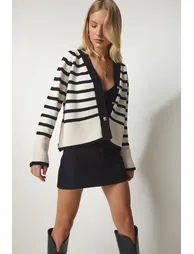 Women's Cream Metal Button Detailed Striped Knitwear Cardigan  . - 1