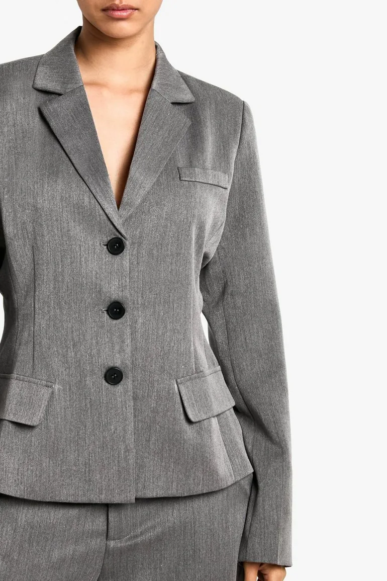 Cinched Waist Tailored Blazer - grey marl - 3