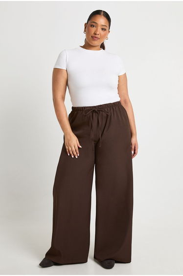 Plus Woven Elasticated Waist Drawstring Wide Leg Trouser - chocolate