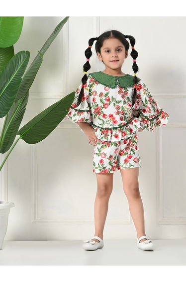 Printed Ruffled Hem Round Neck Top and Shorts Set