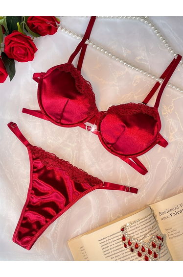 Burgundy Lace Trim Padded Wired Bra and Thong Lingerie Set