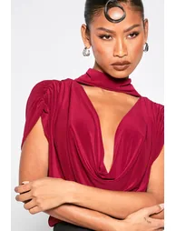 Double Layer Slinky Scarf Detail Ruched Shoulder Bodysuit - burgundy - 3