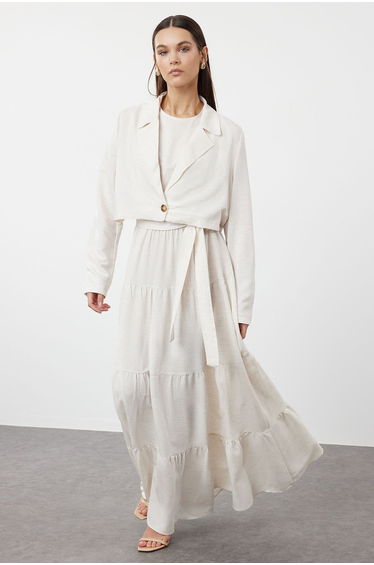 Beige Belted Dress Crop Jacket Woven Suit
