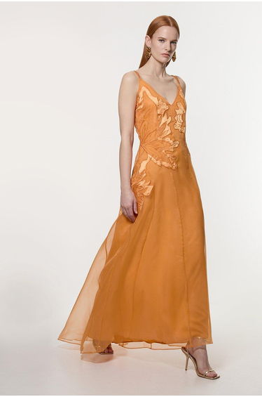 Satin Applique Woven Maxi Dress