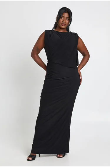 Plus Drape Front Ruched Maxi Dress - blackcurrant