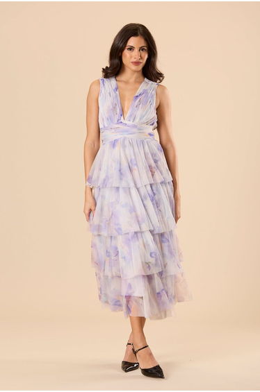 Astrid Tulle Midi Dress in Amethyst Floral